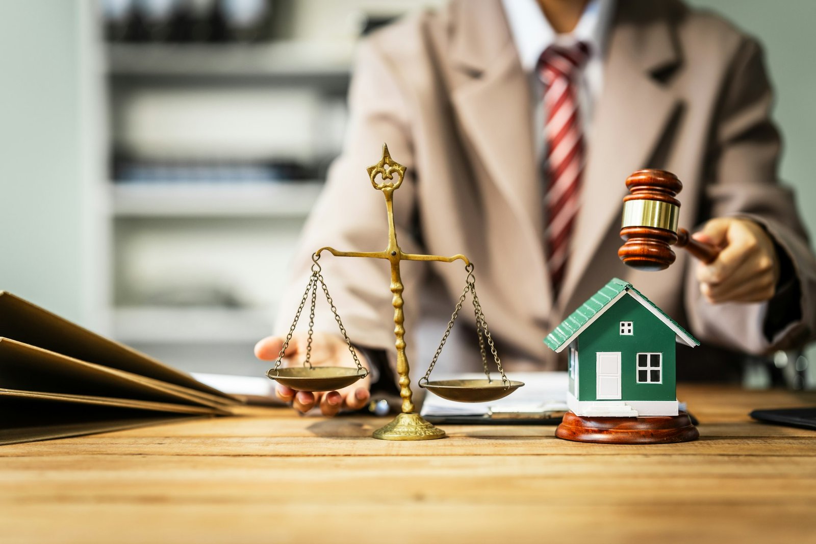 A young businesswoman is working at her desk, reviewing contracts and preparing for litigation